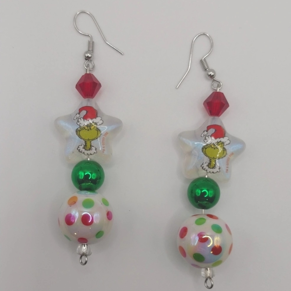 Festive Grinch Star Earrings with Polka Dots